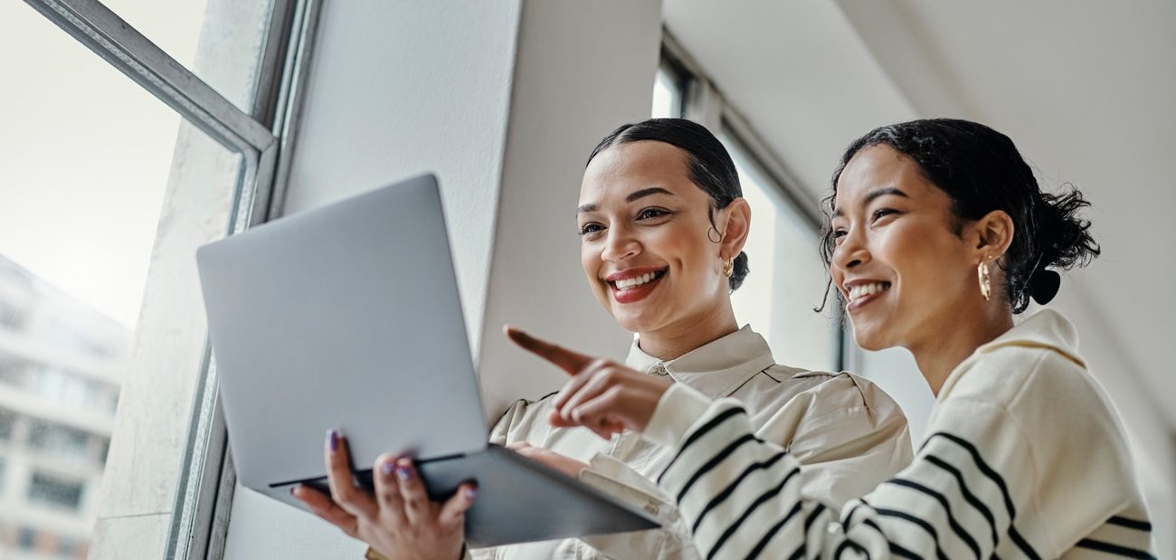 Laptop, planning and startup business women team social media posts