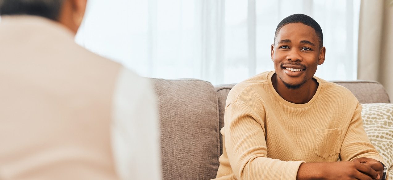 Black man, counseling and psychology consulting for therapy, mental healthcare or support.