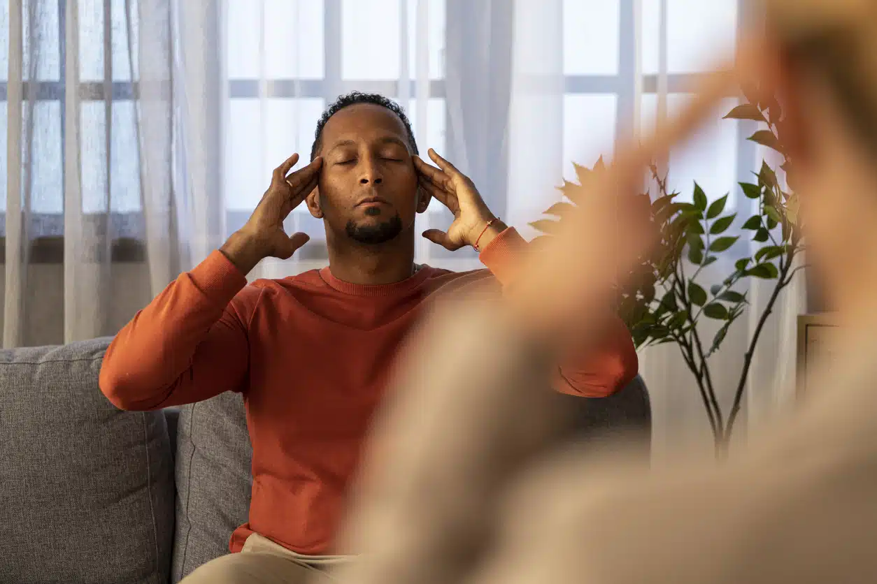 Man practising mindfulness while going to counselling with a trauma-sensitive mental health practitioner