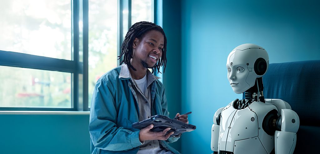 Young mental health professional interaction with an AI robot to represent the intersection of Psychology and AI for the future